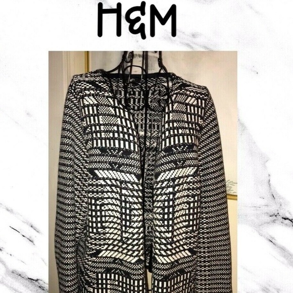 H&M BLACK AND WHITE WOVEN OPEN FRONT CARDIGAN~100% COTTON KNIT~MEDIUM - Picture 2 of 4